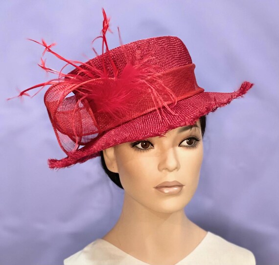 Kentucky Derby Hat, Women's Red Straw Hat, Wedding Guest Hat, Royal Ascot Hat, Red Boater Hat, Ladies Formal Red Hat, Races Hat