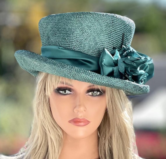 Women's Green Formal Straw Hat, Wedding Guest Hat, Church Hat, Women's Teal Hat, Original one-of-a-kind hat, Tea Party Hat, Wedding Hat