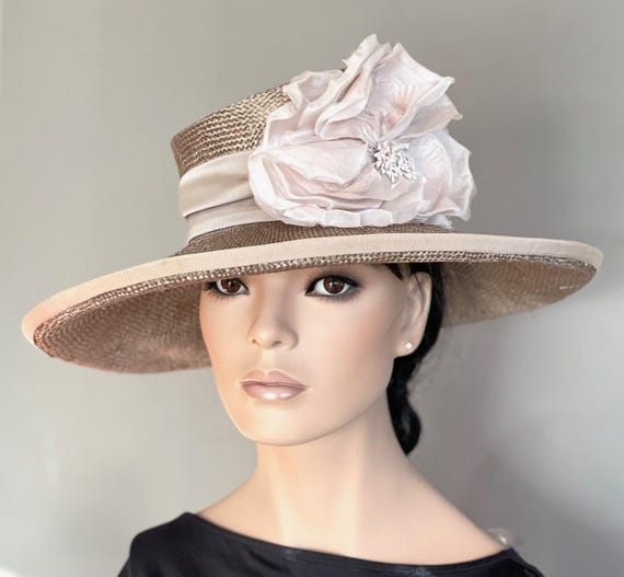Women's Derby Hat, Wedding Hat, Kentucky Derby Wide Brim Taupe Hat, Big Ascot Hat,Formal Races Hat