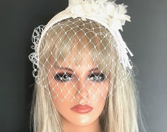 Wedding Veiled Headband Hat, Bridal Headpiece with Veil.  Formal White Hat, Kate Middleton Hat, White Church Hat Wedding Hat, Cocktail Hat