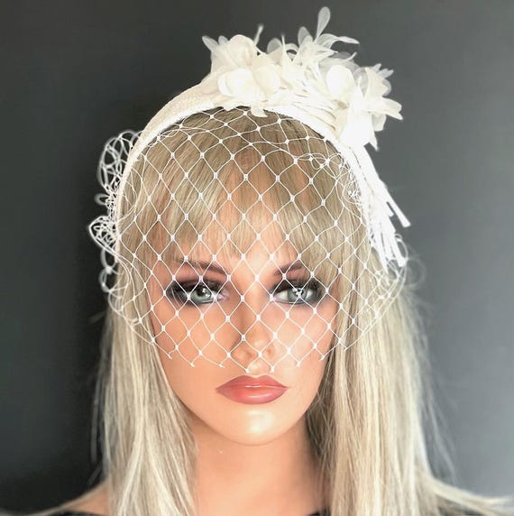 Wedding Veiled Headband Hat, Bridal Headpiece with Veil.  Formal White Hat, Kate Middleton Hat, White Church Hat Wedding Hat, Cocktail Hat