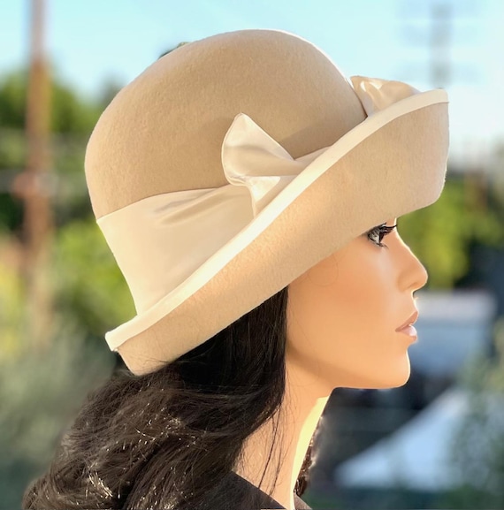 Beige and Ivory Cloche Hat, Women's Handmade in USA Wool Felt Winter Hat, Women's Formal Winter Hat, Wedding Guest Hat, Downton Abbey Hat