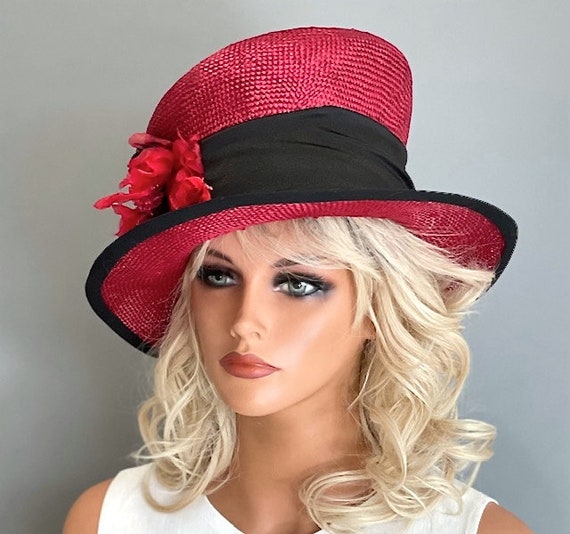 Women's Black Red Derby Hat, Tea Party Hat, Garden Party Hat, Ladies formal straw hat, Derby hat, Women's Easter hat, special occasion hat