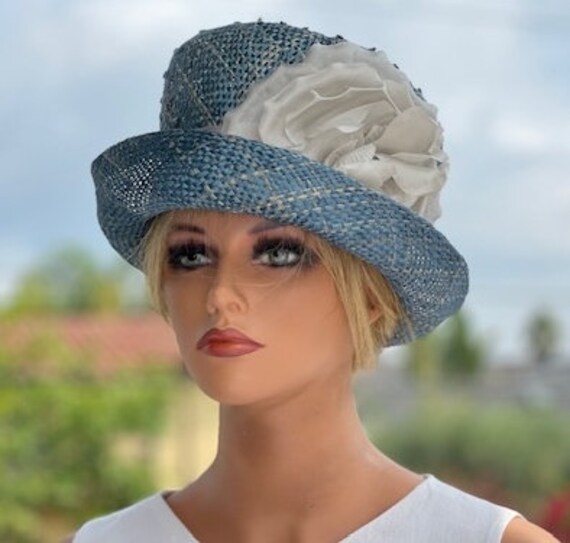 Women's Cloche Hat, Tea Party Hat, Ladies Blue Gray Formal Hat, Derby Hat, Garden Party Hat