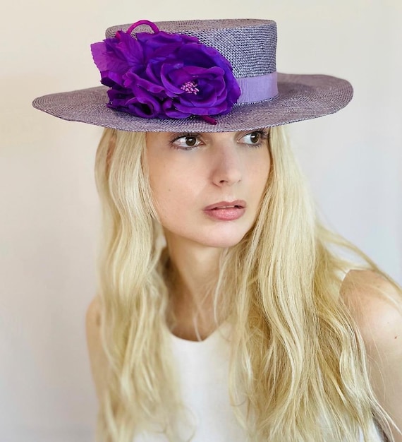 Women's Purple Formal Hat, Kentucky Derby Hat, Ladies Purple Straw Boater Hat Wedding Hat Royal Ascot Hat Dressy Hat Occasion hat Church Hat
