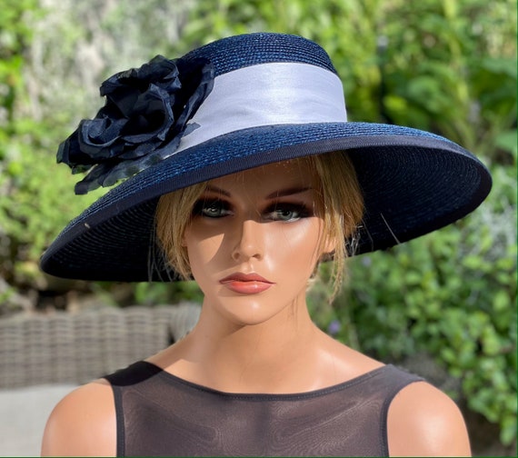 Women's Navy Derby Hat, Wedding Hat, Ladies Formal Navy Hat, Wide Brim Navy and White Hat, Audrey Hepburn Hat, Church Hat