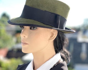 Olive and Black Fedora, Olive Wool Felt Trilby Winter Derby Hat Ladies Formal Hat, Tailored Winter Hat Johnny D Fedora, Cheltenham Races Hat