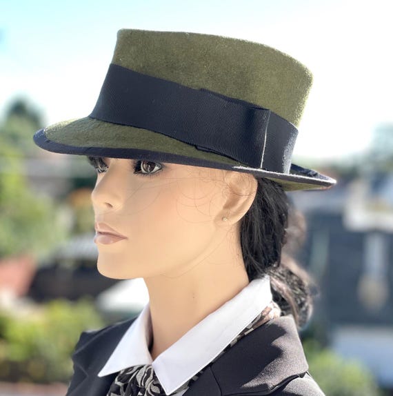 Olive and Black Fedora, Olive Wool Felt Trilby Winter Derby Hat Ladies Formal Hat, Tailored Winter Hat Johnny D Fedora, Cheltenham Races Hat