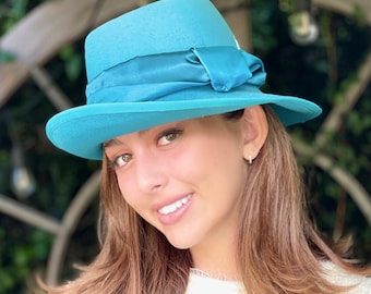 Women's Formal Turquoise Winter Hat Ladies Handmade Couture Wool Felt Hat Wedding Guest Hat Blue  Derby Hat, Cheltenham Races Hat Church Hat