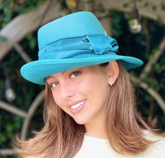 Women's Formal Turquoise Winter Hat Ladies Handmade Couture Wool Felt Hat Wedding Guest Hat Blue  Derby Hat, Cheltenham Races Hat Church Hat
