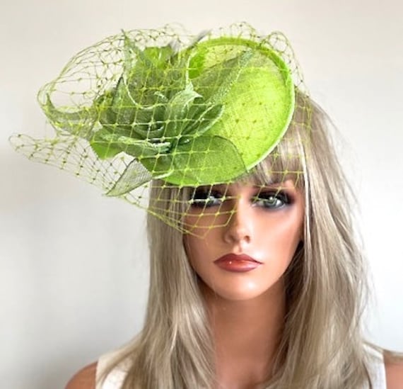 Women's Derby Hat, Women's Green Fascinator Hat, Ascot Hat, Wedding Guest Hat, Church Hat, Formal Hat, Tea Party Hat, Lime Green Disc Hat