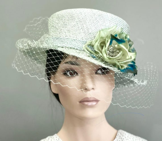 Wedding Hat, Women's Aquamarine Formal Hat, Derby Hat,  Summer Straw Hat with Veil Formal Hat Ladies Aqua Flower Hat Ascot Hat Tea Party Hat