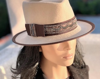 Beige Fedora Hat Dressy Beaded Brown Fedora, Women's Beige Winter Hat, Cheltenham Races Wool Felt Derby Hat Ladies Formal Western Felt Hat