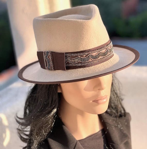 Beige Fedora Hat Dressy Beaded Brown Fedora, Women's Beige Winter Hat, Handmade Wool Felt Hat Derby Hat Ladies Formal Western Beige Felt Hat