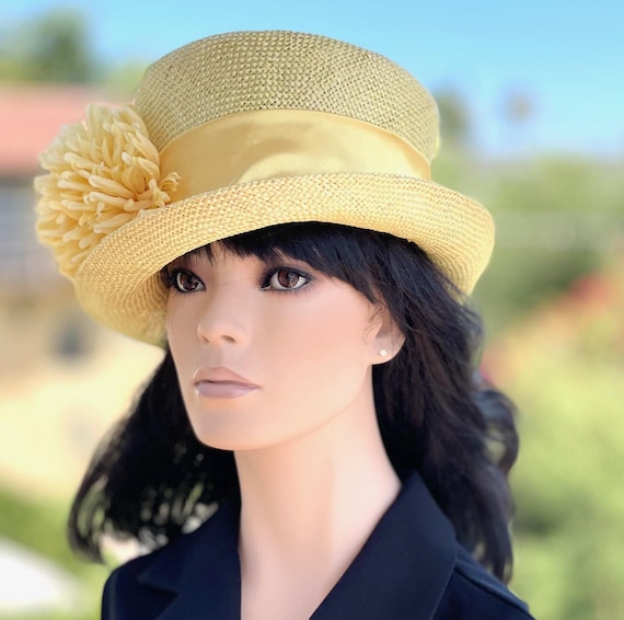 Women's Yellow Derby Hat, Women's Formal Hat, Wedding Hat, Yellow Church Hat, Wedding Guest hat, Royal Ascot Hat, Tea Party Garden Party Hat