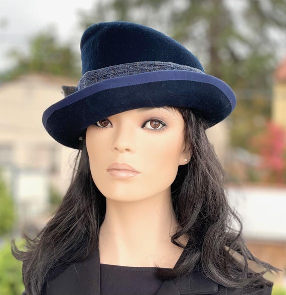 Women's Navy Winter Wool Felt Hat, Navy Fedora, Trilby,Derby Hat, Ladies Navy Formal Winter Hat, Tailored Wool Felt Winter Hat, Millinery