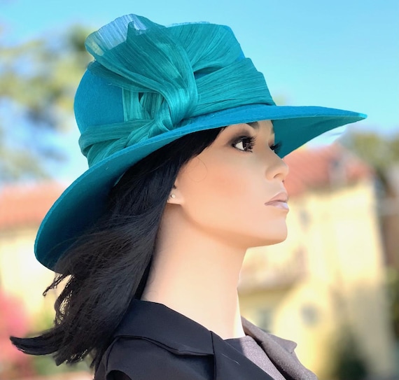 Women's Formal Turquoise Winter Hat Ladies Handmade Couture Wool Felt Wide Brim Hat Wedding Guest Hat, Women's Fedora Derby Hat, Church Hat