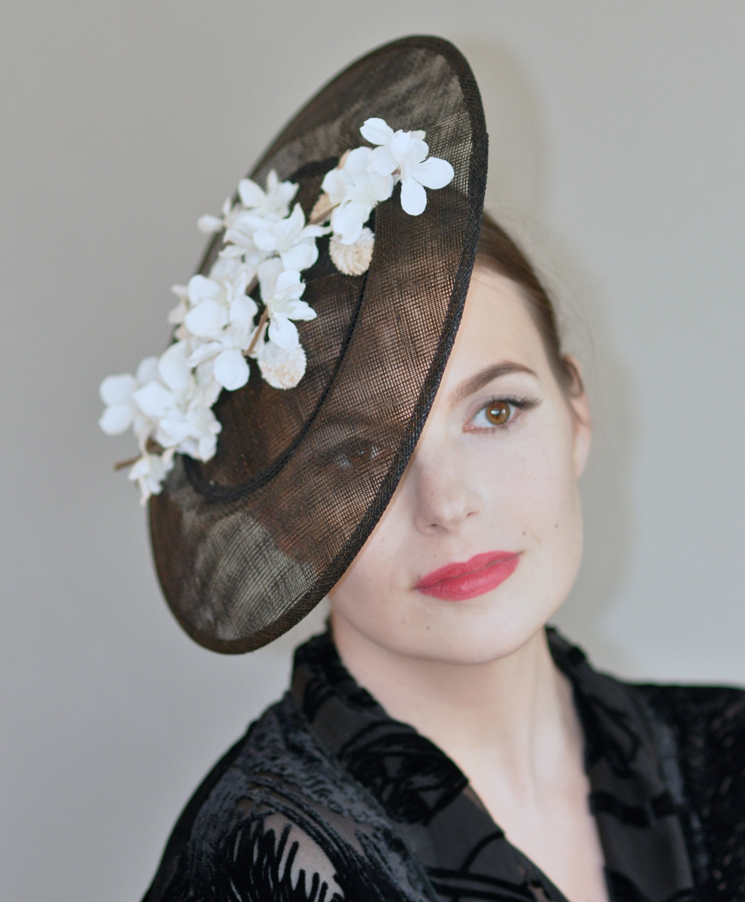 Royal Ascot Hat in British VOGUE, Ladies Black and White Hat, Saucer
