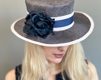 Women's Navy Blue Boater Hat, Kentucky Derby Hat, Royal Ascot Hat, Women's Navy and White Straw Hat, Ladies Regatta Boater Hat, Race Day Hat