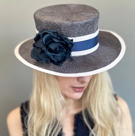 Women's Navy Blue Boater Hat, Kentucky Derby Hat, Royal Ascot Hat, Women's Navy and White Straw Hat, Ladies Regatta Boater Hat, Race Day Hat