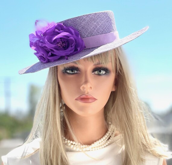 Women's Purple Formal Hat, Kentucky Derby Hat, Ladies Purple Straw Boater Hat Wedding Hat Royal Ascot Hat Dressy Hat Occasion hat Church Hat