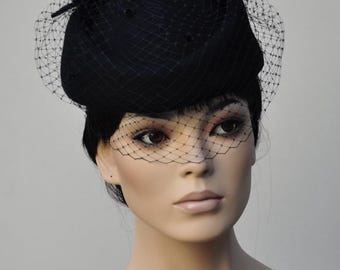Women's Black Pillbox Hat Black Felt Veil Hat Black Church Funeral Hat Jackie O Pillbox Hat Audrey Hepburn Hat Jennifer Hudson Hat