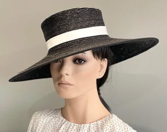 Black or Navy and White Wide Brim Hat, Wedding Hat, Kentucky Derby Hat, Church hat Ladies Formal Hat Occasion hat, Mother of Bride Groom Hat