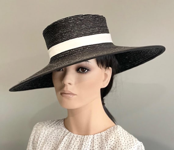 Black or Navy and White Wide Brim Hat, Wedding Hat, Kentucky Derby Hat, Church hat Ladies Formal Hat Occasion hat, Mother of Bride Groom Hat