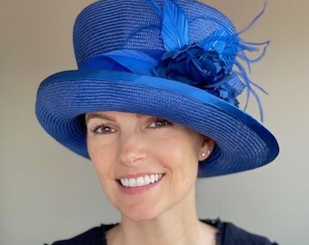 Women's Royal Blue Hat, Wedding Guest Hat, Church Hat, Women's Derby Hat, Millinery, Formal Blue Hat, Mother Bride Groom Hat,