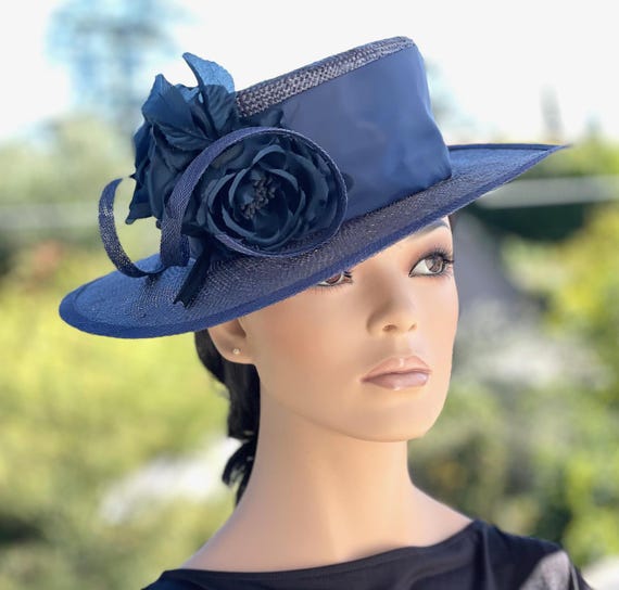 Women's Navy Boater Hat, Wedding Hat, Formal Navy Wide Brim Hat, Mother of Bride Hat, Mother of Groom Hat Women's Derby Races Hat Church Hat