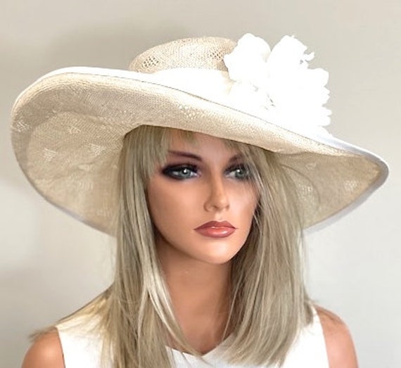 Kentucky Derby Hat, Wedding Hat, Women's Formal Ivory Hat, Royal Ascot Hat, Women's Cream Hat, Wide Brim Ivory Hat Beige hat