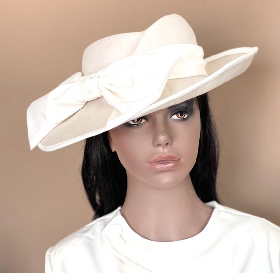Women's Formal Wool Felt Hat Taupe Ivory Hat Wedding Guest Hat Derby Hat Royal Ascot Millinery Races Hat, wide brim Fedora church