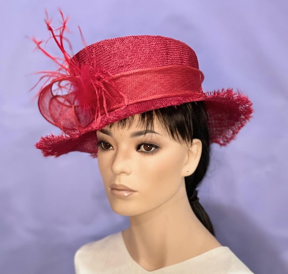 Kentucky Derby Hat, Women's Red Straw Hat, Wedding Guest Hat, Royal Ascot Hat, Red Boater Hat, Ladies Formal Red Hat, Races Hat