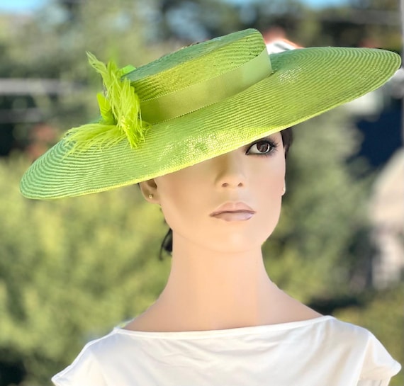 Kentucky Derby Hat, Wedding Hat Chartreuse Wide Brim Hat Church Hat Formal Lime Green Derby Hat, Ascot Hat Occasion Hat, mother of bride hat