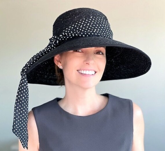 Kentucky Derby Hat, Women's Black & White Hat, Wedding Hat, Audrey Hepburn Hat, Polka Dot Black Formal Hat, Women's Navy Hat Ascot Races Hat