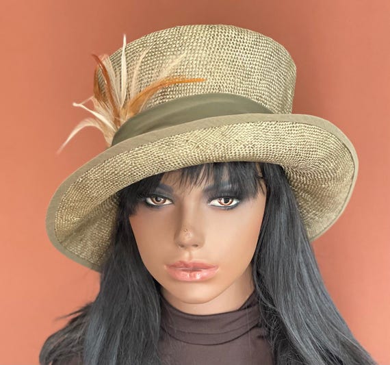 Women's Formal Olive Green Hat, Women's Fall Autumn hat, Derby Hat, Wedding Guest Hat, Millinery Hat, Angled Top Hat Carriage Hat Mad Hatter