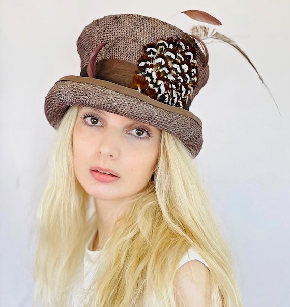 Women's Formal Brown Hat Brown Feather Top Hat, Derby Hat Brown Mad Hatter Dressy Brown Hat Women's Fall Autumn Hat Carriage Hat Ascot Hat