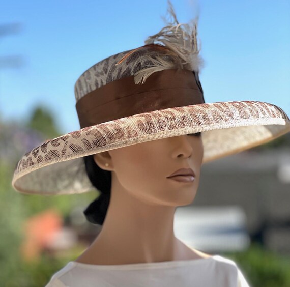 Women's Formal Hat, Leopard Print Straw Hat, Taupe Ivory Hat Wedding Hat, Derby Hat, Ascot Millinery Races Hat, wide brim church hat