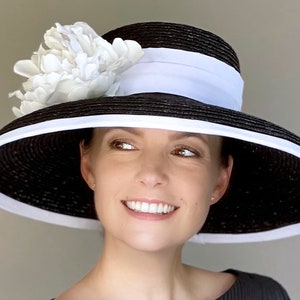 Derby Hat, Wide Brim Hat, Wedding Hat, Black and White Hat Audrey Hepburn Hat Breeders Cup Hat Belmont Hat Church Hat Occasion Hat,Ascot hat