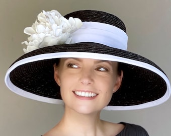 Wide Brim Derby Hat Wedding Hat Black and White Hat Audrey Hepburn Hat Kentucky Derby Hat  Church Hat Occasion Hat Ascot hat