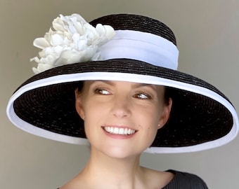 Derby Hat, Wide Brim Hat, Wedding Hat, Black and White Hat Audrey Hepburn Hat, Preakness Hat Belmont Hat Church Hat Occasion Hat, Ascot hat,