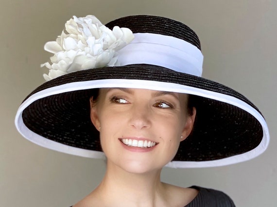 Derby Hat, Wide Brim Hat, Wedding Hat, Black and White Hat Audrey Hepburn Hat Breeders Cup Hat Belmont Hat Church Hat Occasion Hat,Ascot hat