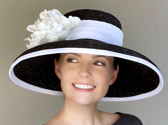 Derby Hat, Wide Brim Hat, Wedding Hat, Black and White Hat Audrey Hepburn Hat, Preakness Hat Belmont Hat Church Hat Occasion Hat, Ascot hat,