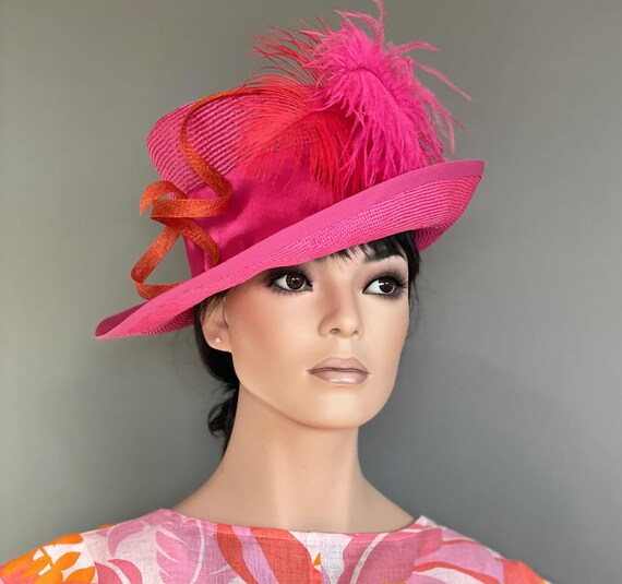 Women's Pink Derby Hat, Ascot Hat, KentuckyDerby Hat, Wedding Guest Hat, Formal Pink and Orange Straw Hat, Feather Hat