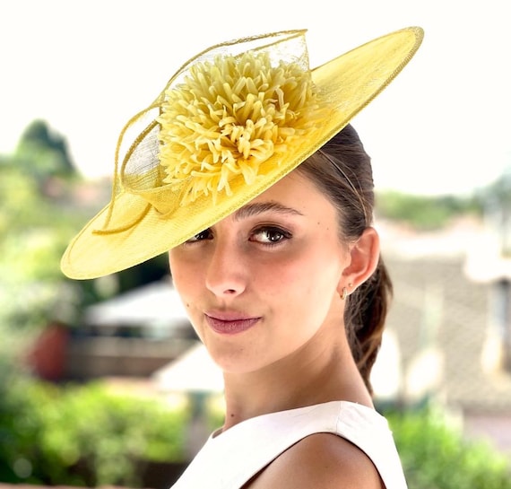 Derby Hat Wedding Guest Hat  Women's Formal Yellow Hat  Princess Kate Hat Wide Brim Yellow Church Hat Race Day Hat, Ascot hat Tea Party Hat