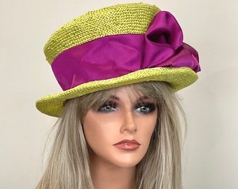 Kentucky Derby Hat, Women's Green Purple Formal Hat, Wedding Guest Hat, Women's Lime Straw Hat, Millinery, Church Hat, Royal Ascot Hat