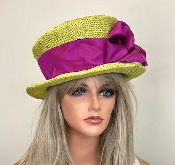 Kentucky Derby Hat, Women's Green Purple Formal Hat, Wedding Guest Hat, Women's Lime Straw Hat, Millinery, Church Hat, Royal Ascot Hat