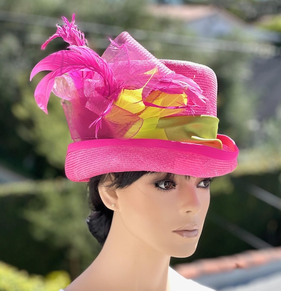 Kentucky Derby Hat, Women's Pink Orange Top Hat, Derby Hat, Royal Ascot Hat, Millinery, Formal Pink Feather Hat, Mad Hatter