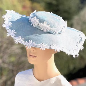 Kentucky Derby Hat, Women's Wide Brim Formal Blue Hat, Wedding Hat, Royal Ascot Hat, Women's Pale Blue and White Straw Hat, Church Hat