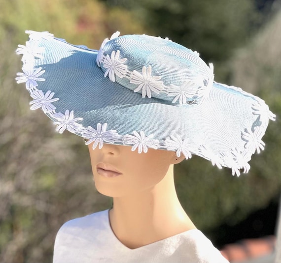 Kentucky Derby Hat, Women's Wide Brim Formal Blue Hat, Wedding Hat, Royal Ascot Hat, Women's Pale Blue and White Straw Hat, Church Hat